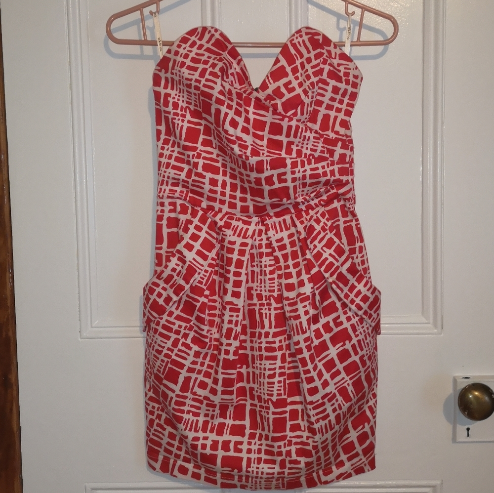Red Patterned Strapless Dress with Pockets